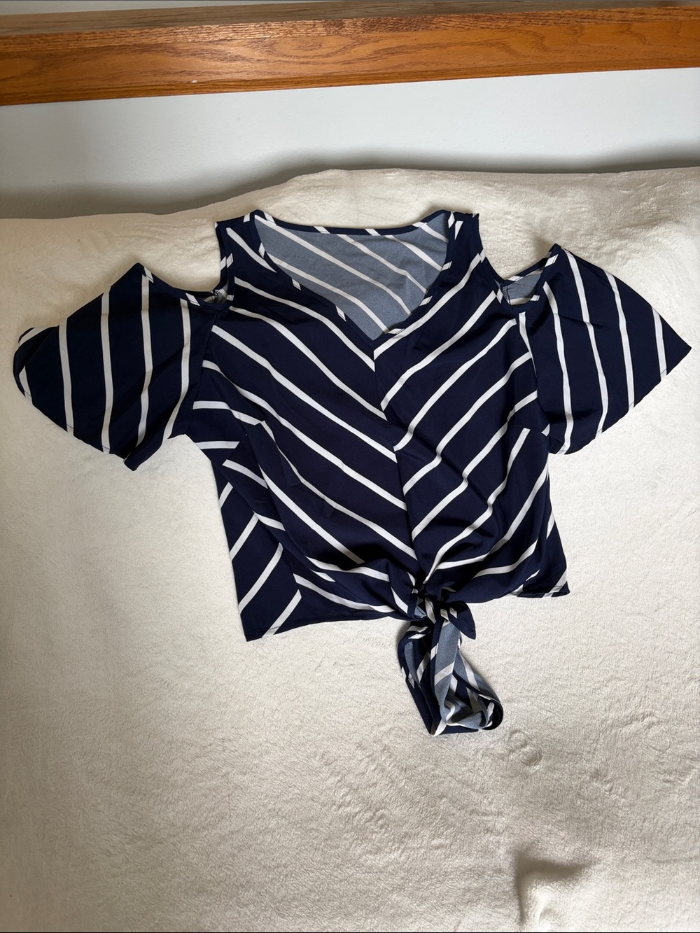 SHEIN Navy and White Striped Cold-Shoulder Tie-Front Crop Top